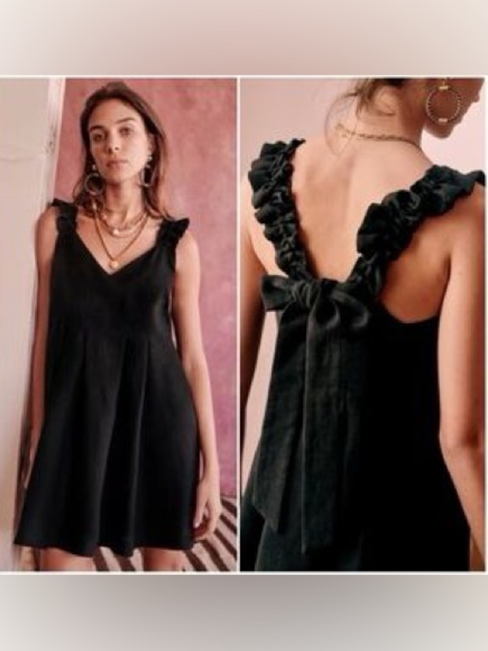 Sézane Lizon Black Linen Mini Dress Ruffle Strap Bow Back 36